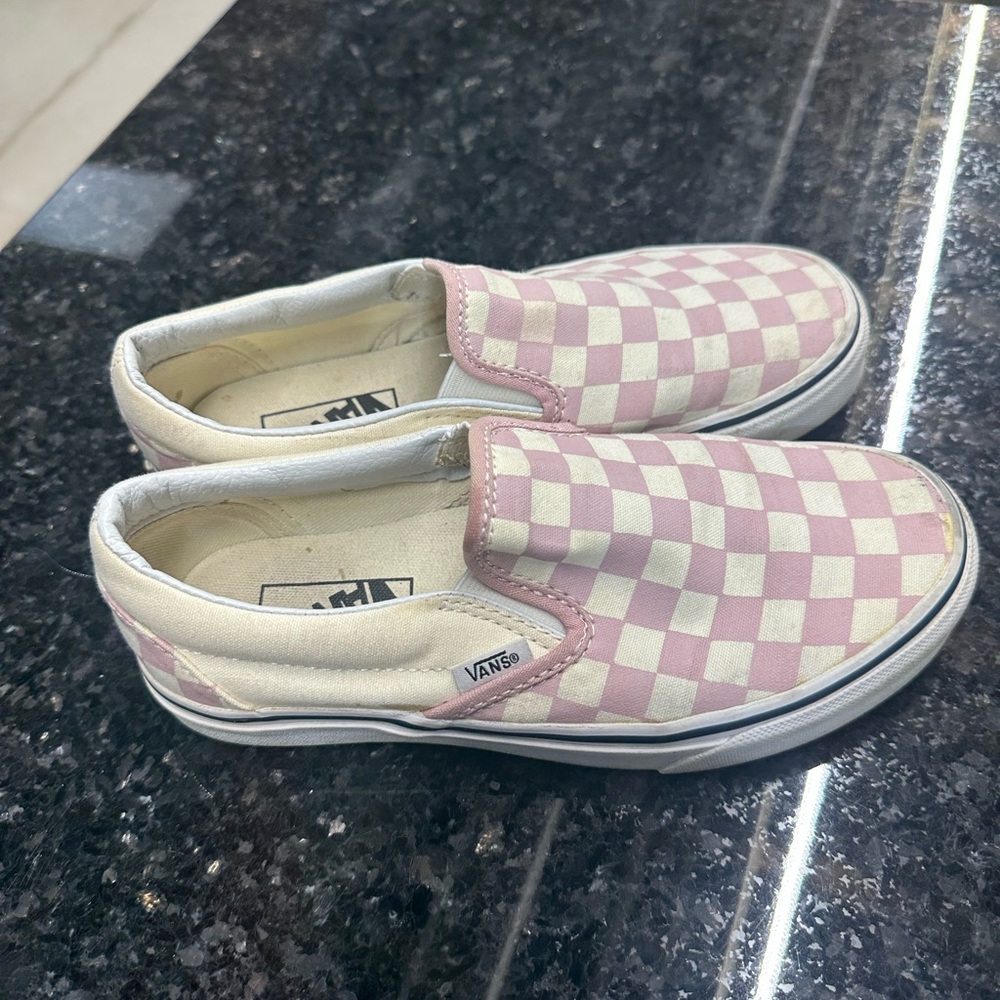 Vans Pink and White Checkered Slip-On Sneakers - womens